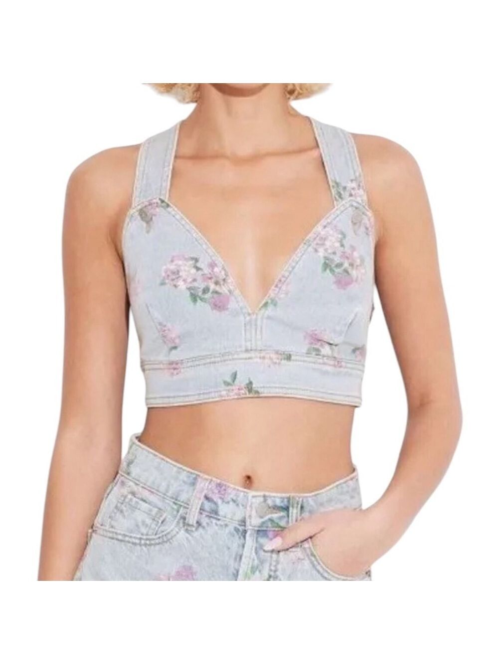 Wild Fable Floral Crop Blue Jean Top Size M